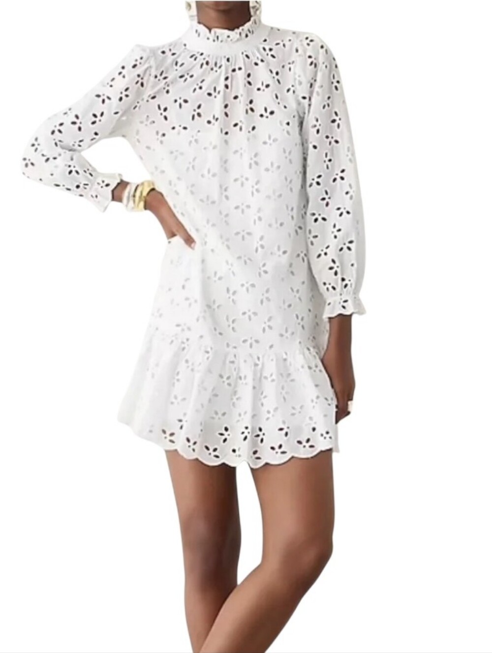 JCrew White Cotton Eyelet Ruffleneck Mini Dress Coastal Cottagecore Summer